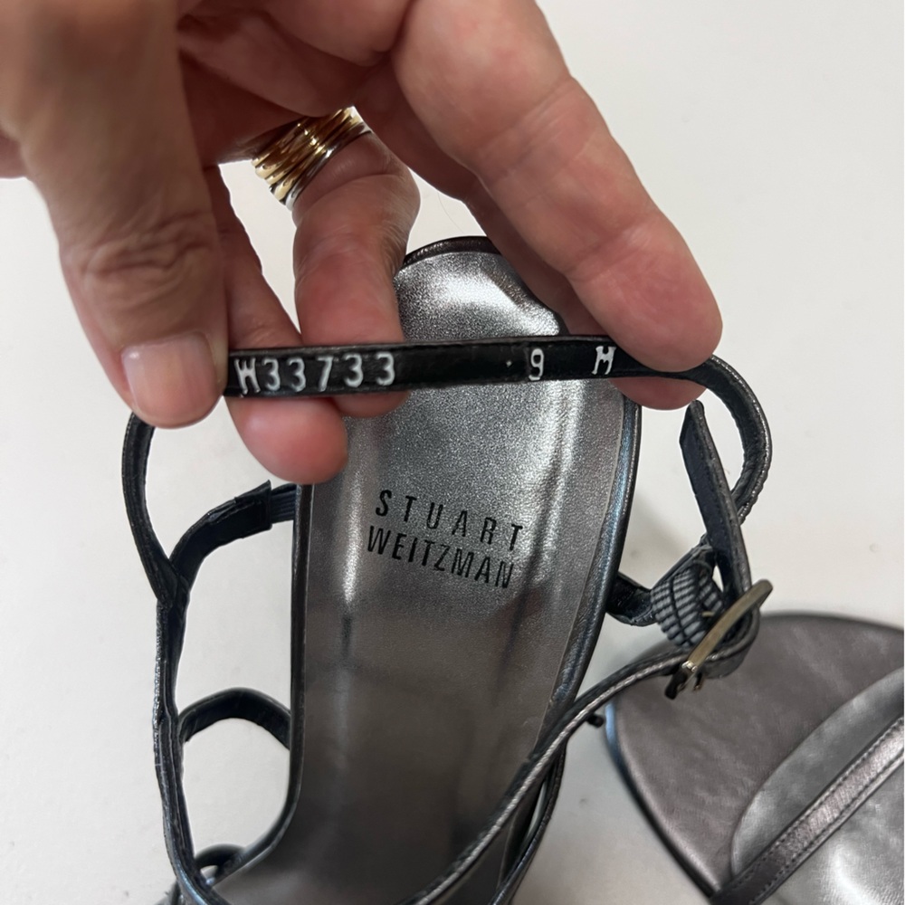 Stuart Weitzman Size 9 Pewter Gunmetal Leather Strappy Sandals Heels - Picture 14 of 15